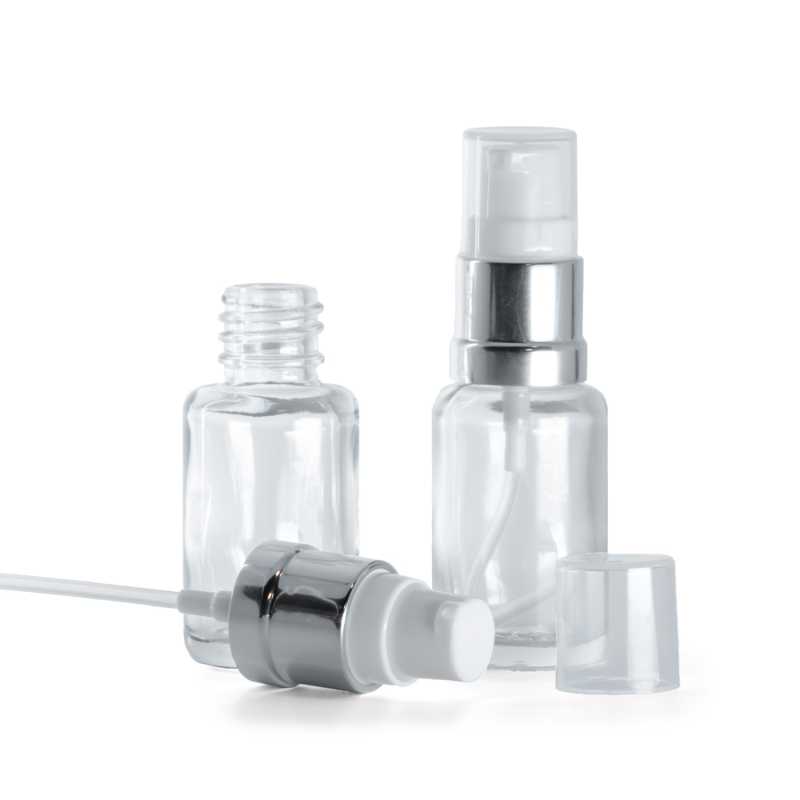 Envase de vidrio, frasco, transparente, redondo, dispensador blanco plateado brillante, 12 ml