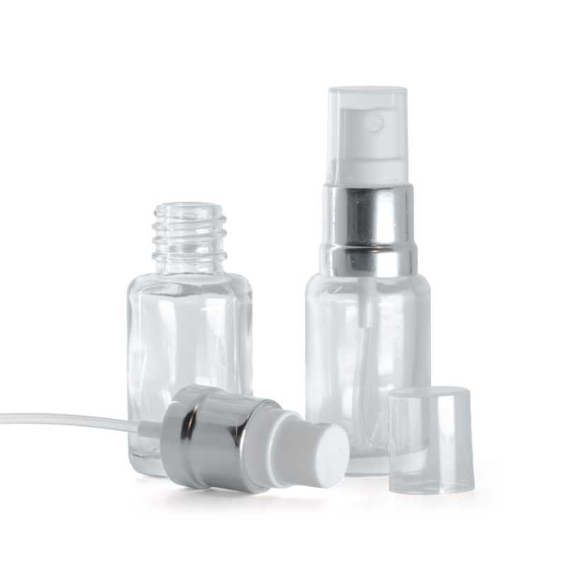Botella de vidrio, redonda, transparente, pulverizador blanco plateado, 12 ml