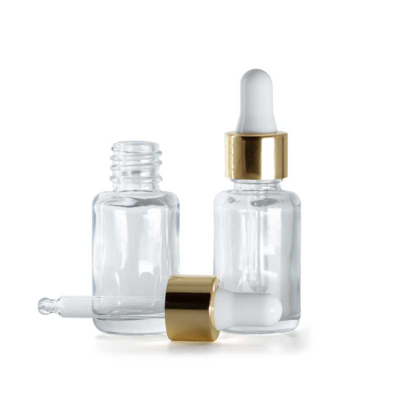 Botella de vidrio, redonda, transparente, cuentagotas blanco dorado, 12 ml