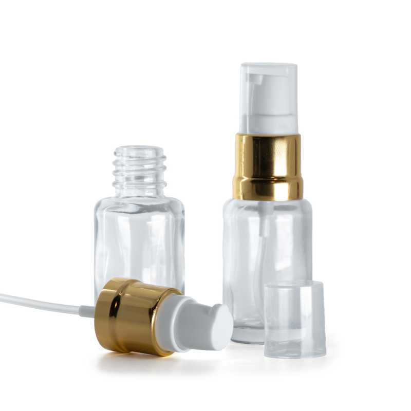 Botella de vidrio, transparente, redonda, dispensador blanco dorado brillante, 12 ml