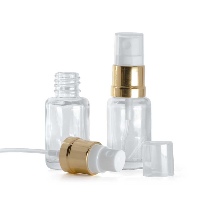 Botella de vidrio, redonda, transparente, pulverizador blanco y dorado, 12 ml