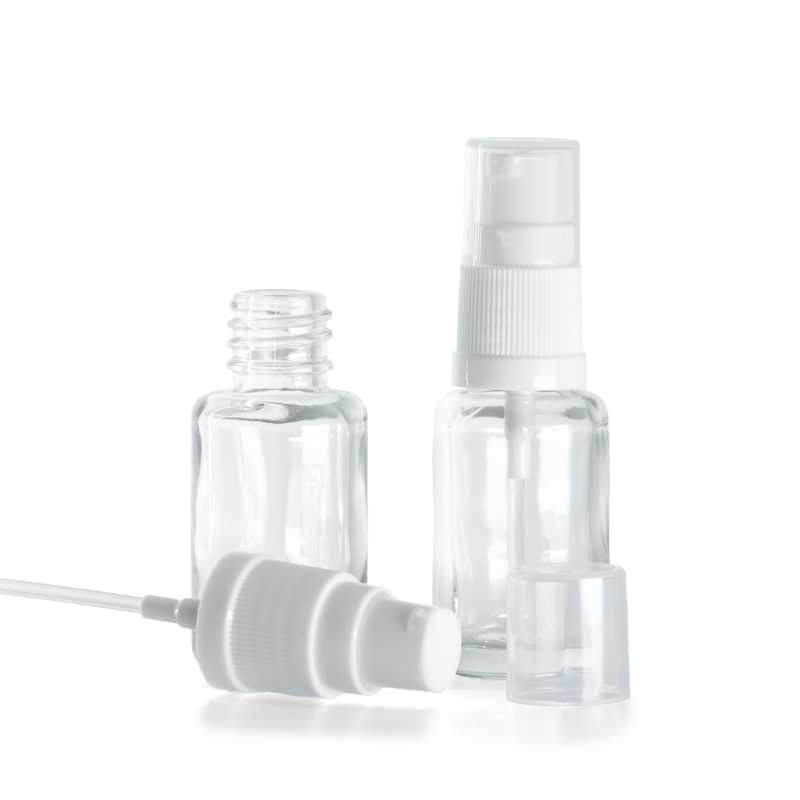 Botella de vidrio, redonda, transparente, dispensador blanco, 12 ml