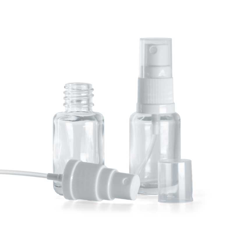 Botella de vidrio, redonda, transparente, pulverizador blanco, 12 ml