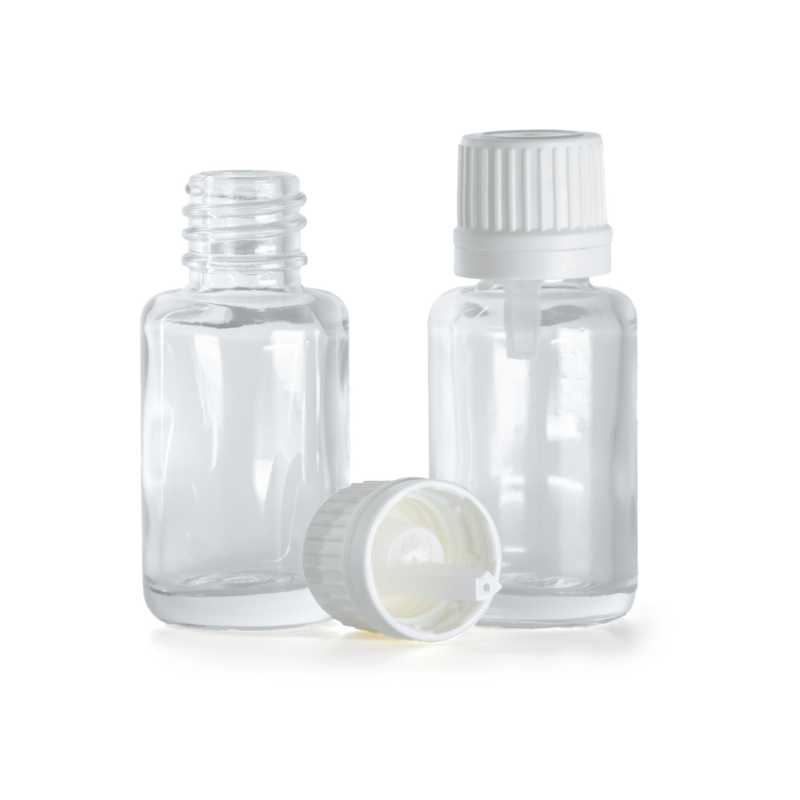 Frasco de vidrio transparente, redondo, tapón blanco con cuentagotas interior, 12 ml