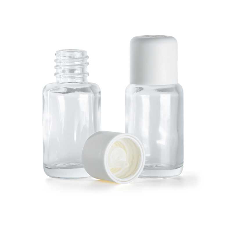 Botella de vidrio, redonda, transparente, tapón de seguridad blanco con cuentagotas, 12 ml