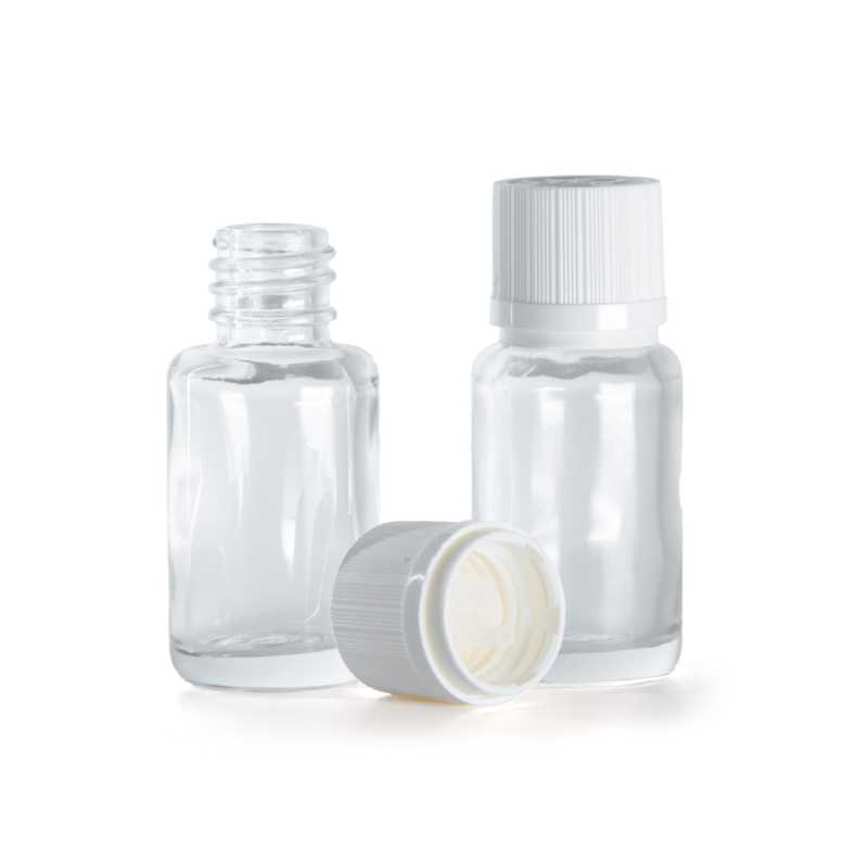 Frasco de vidrio, redondo, transparente, tapón de seguridad inviolable blanco con cuentagotas, 12 ml