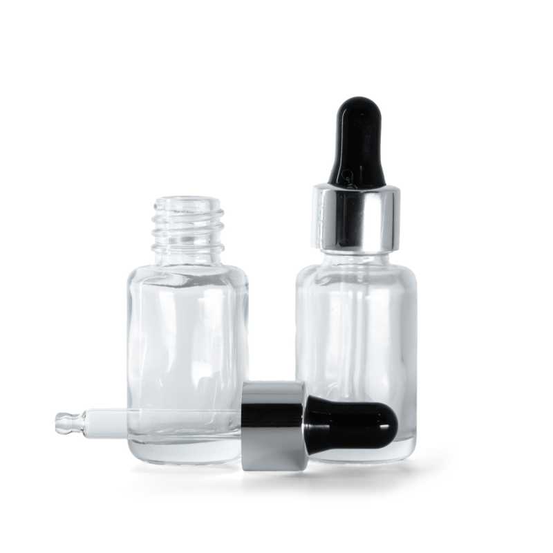 Botella de vidrio, redonda, transparente, cuentagotas negro plateado, 12 ml