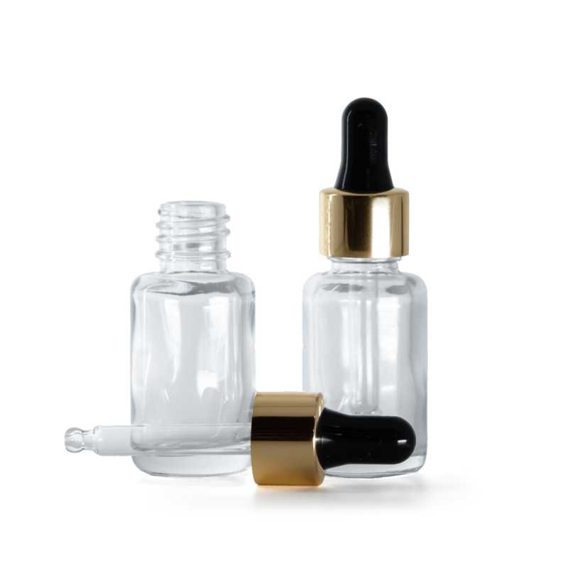 Frasco de vidrio, redondo, transparente, cuentagotas negro dorado, 12 ml