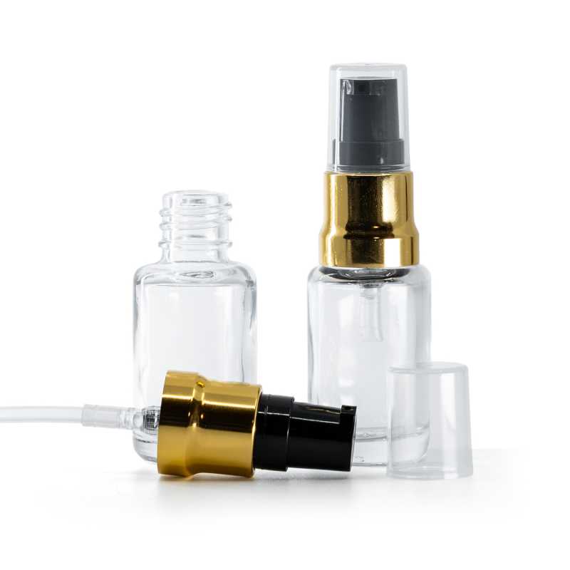 Botella de vidrio, transparente, dispensador negro dorado brillante con tapa transparente, 12 ml