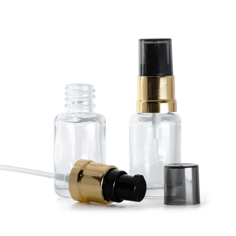 Frasco de vidrio transparente, redondo, bomba negra y dorada brillante con sobretapa ahumada, 12 ml