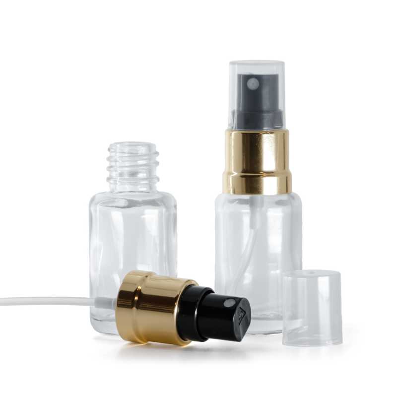 Botella de vidrio, redonda, transparente, pulverizador negro oro brillante, 12 ml