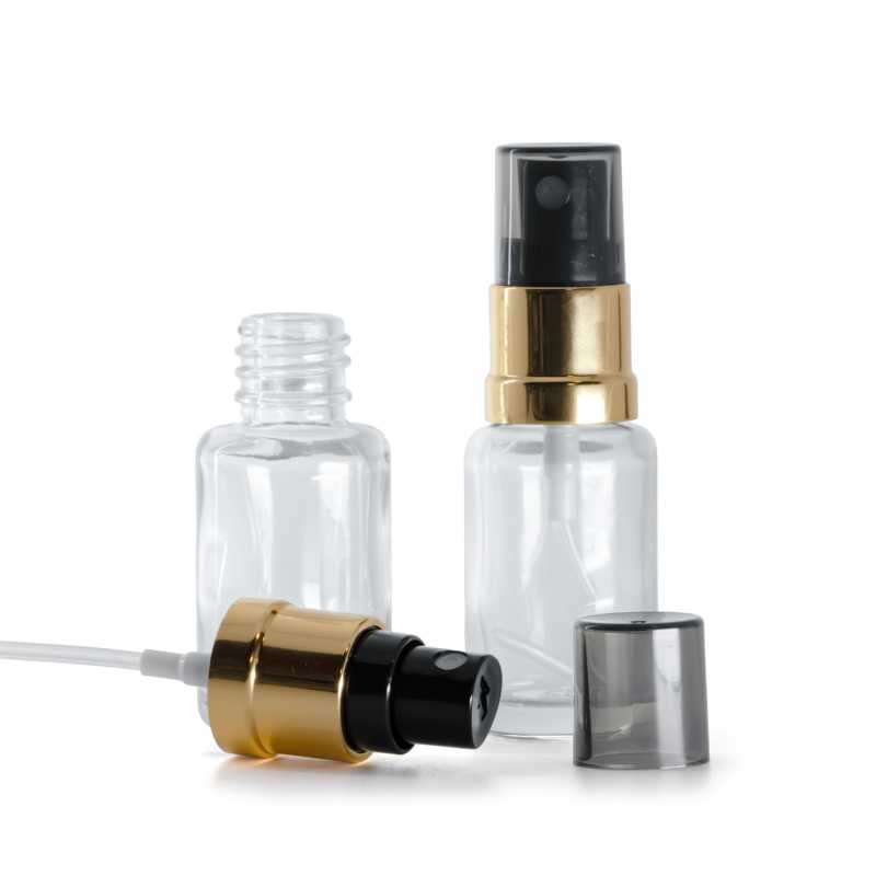 Frasco de vidrio transparente, pulverizador negro y dorado, sobretapa ahumada, 12 ml