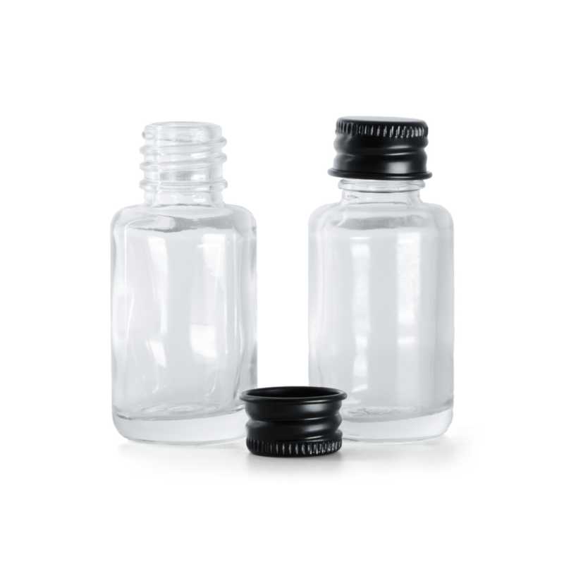 Frasco de vidrio, transparente, redondo, tapón de aluminio negro, 12 ml