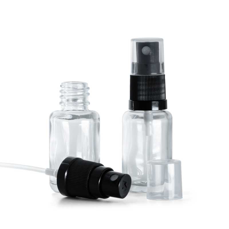 Botella de vidrio, redonda, transparente, pulverizador negro, 12 ml