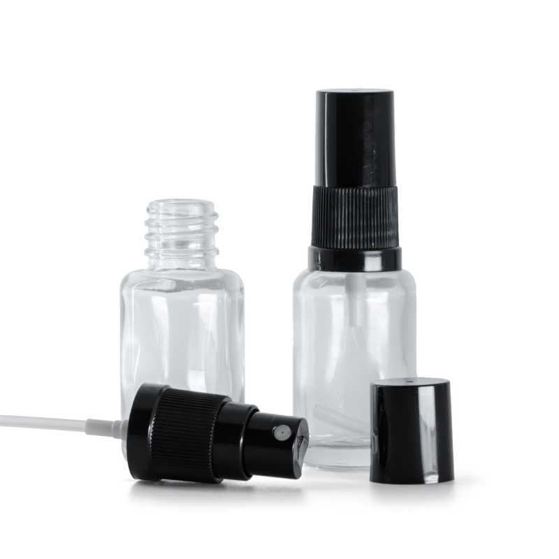 Botella de vidrio, transparente, redonda, pulverizador de niebla fina negro, tapón negro, 12 ml