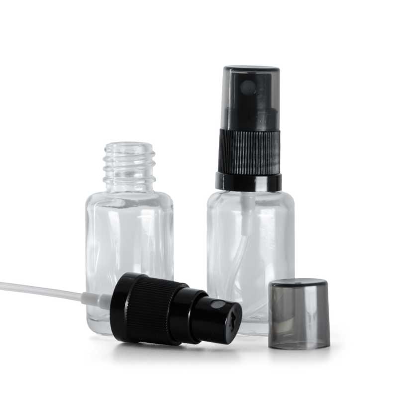 Frasco de vidrio transparente redondo, pulverizador negro de bruma fina, sobretapa ahumada, 12 ml