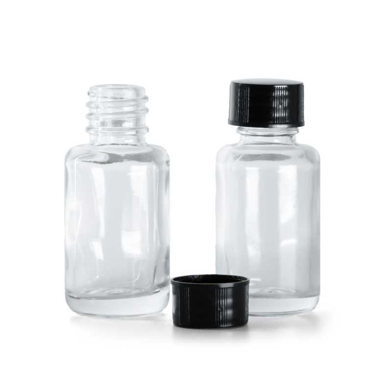Botella de vidrio, transparente, redonda, tapón negro, 12 ml