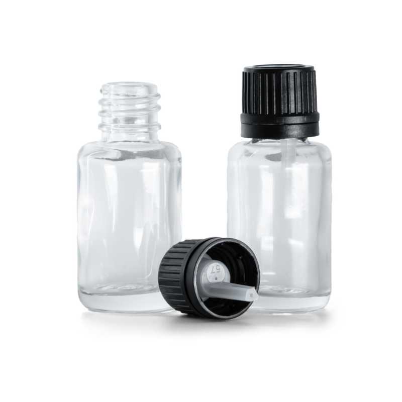 Frasco de vidrio transparente, tapón negro con cuentagotas interior, 12 ml