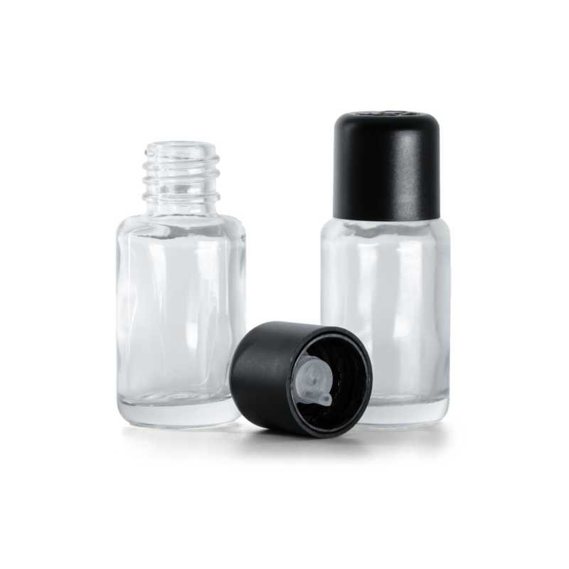 Botella de vidrio, redonda, transparente, tapón de seguridad con cuentagotas negro, 12 ml
