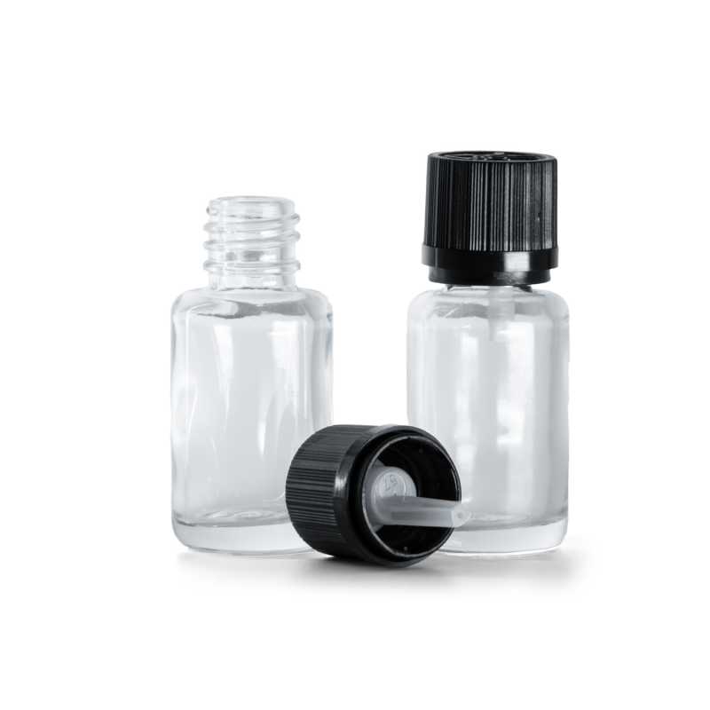 Botella de vidrio, redonda, transparente, tapón de seguridad negro con cuentagotas, 12 ml