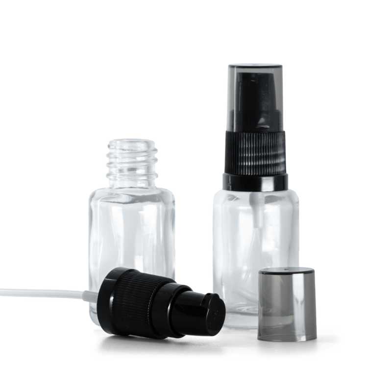 Frasco de vidrio transparente, redondo, bomba para loción con sobretapa ahumada, 12 ml