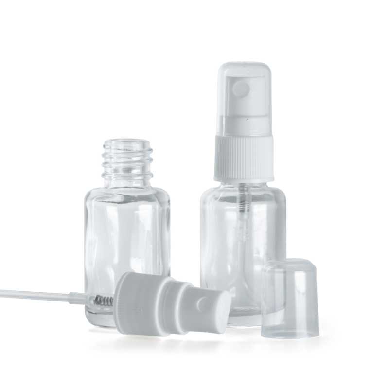 Botella de vidrio, redonda, transparente, pulverizador blanco, 12 ml