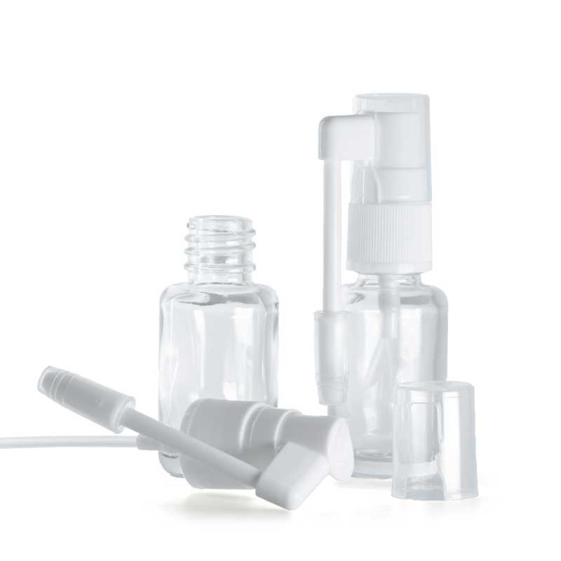 Botella de vidrio, redonda, pulverizador oral blanco, 12 ml