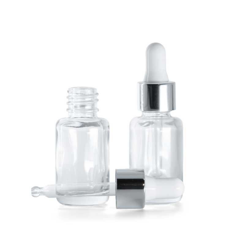Frasco cuentagotas de vidrio, transparente, redondo, cuentagotas plateado, 12 ml