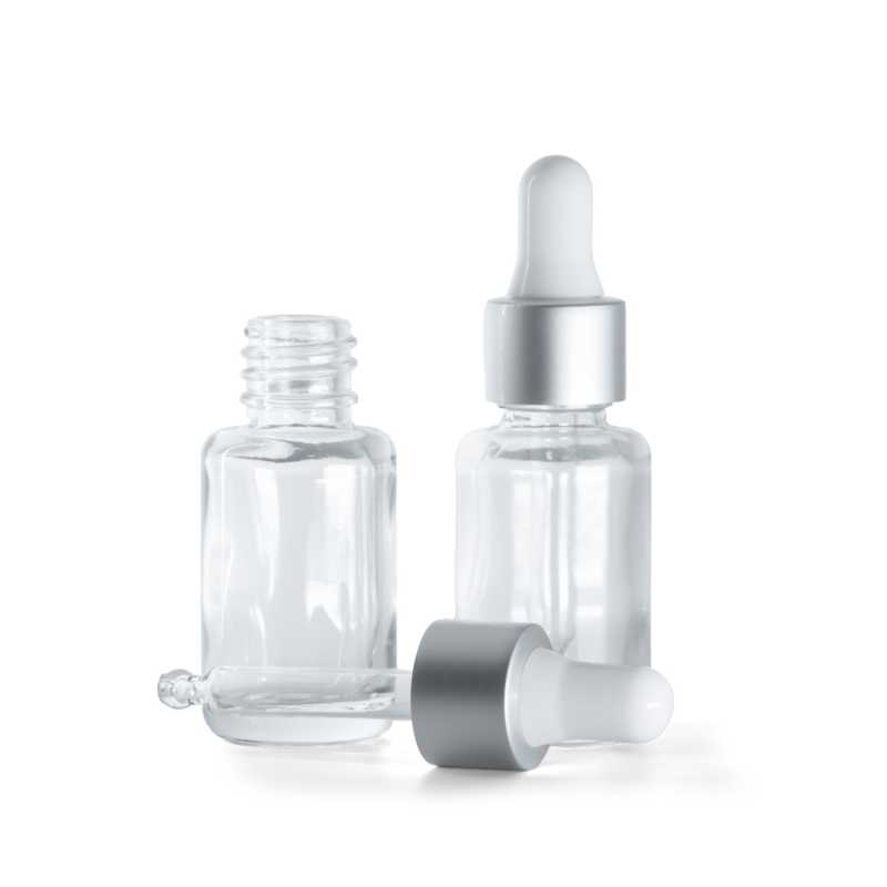 Frasco de vidrio, transparente, redondo, cuentagotas plateado mate, 12 ml