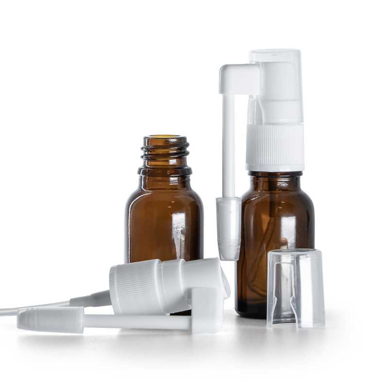 Frasco cuentagotas de vidrio ámbar, pulverizador oral blanco, 15 ml