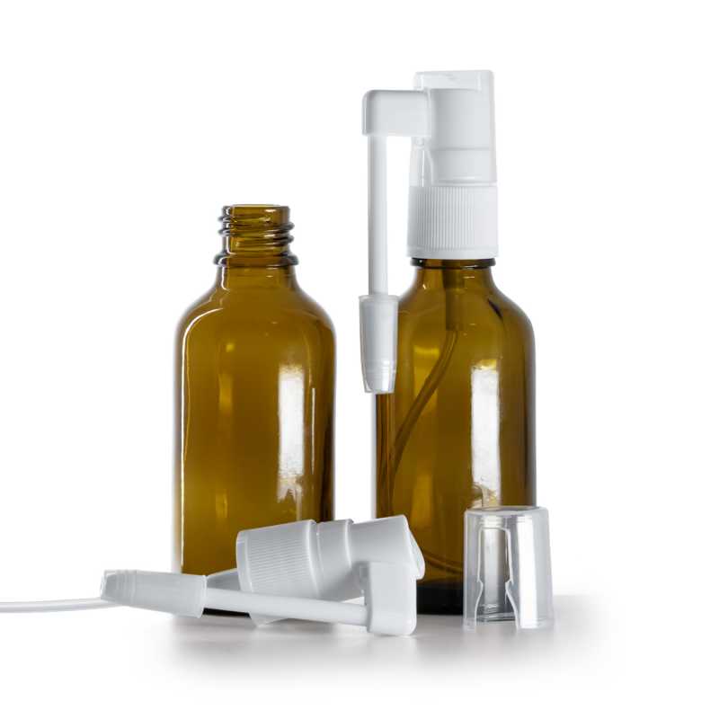 Frasco de vidrio ámbar, pulverizador oral blanco, 50 ml