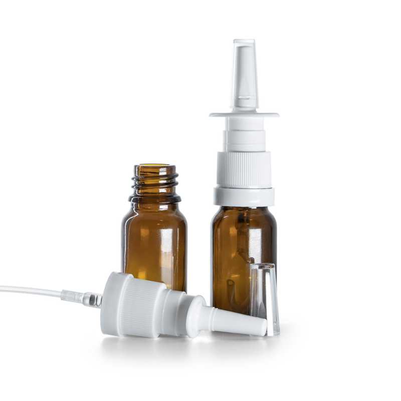 Frasco de vidrio ámbar, pulverizador nasal blanco, 10 ml