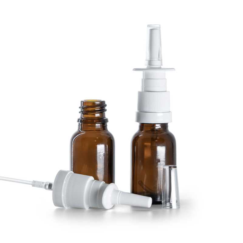 Botella de vidrio ámbar, pulverizador nasal blanco, 15 ml