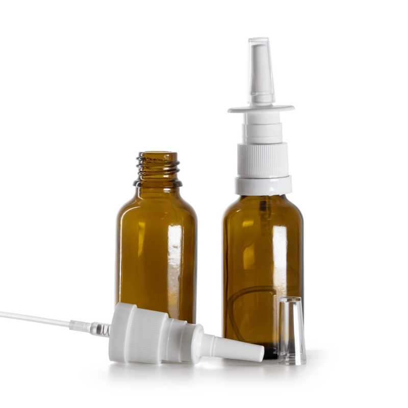 Frasco de vidrio ámbar, pulverizador nasal blanco, 30 ml