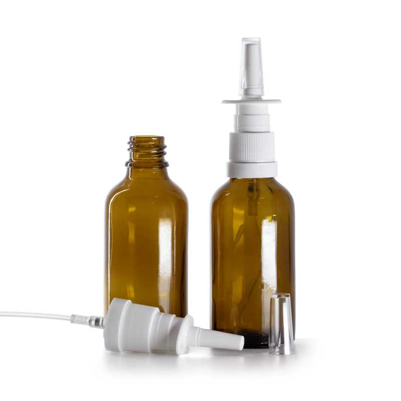 Frasco de vidrio ámbar, pulverizador nasal blanco, 50 ml