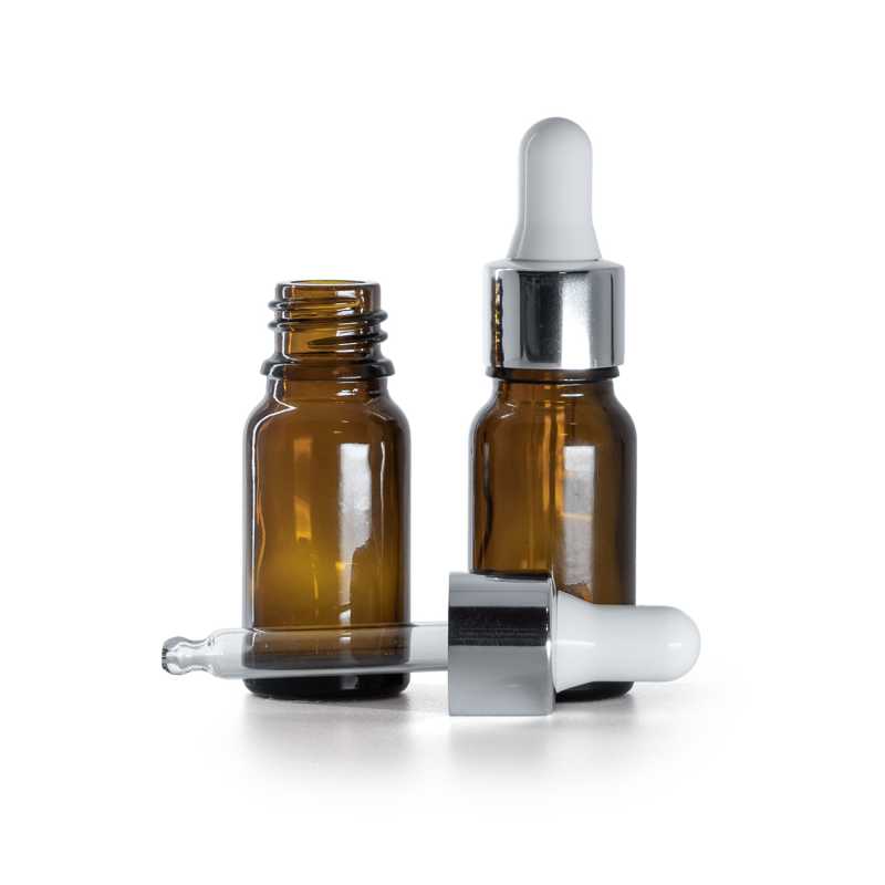 Frasco de vidrio ámbar, cuentagotas blanco plateado brillante, 10 ml