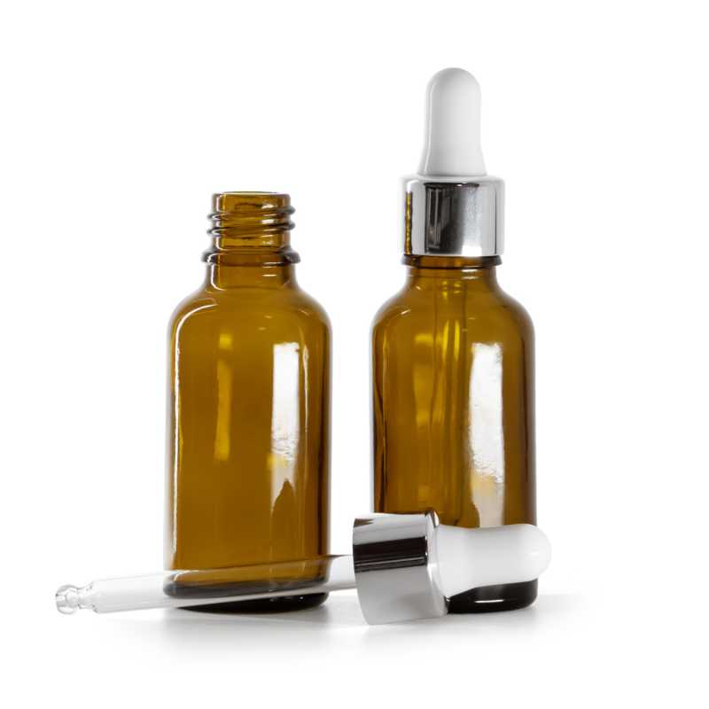 Botella de vidrio, ámbar, cuentagotas plateado brillante, 30 ml