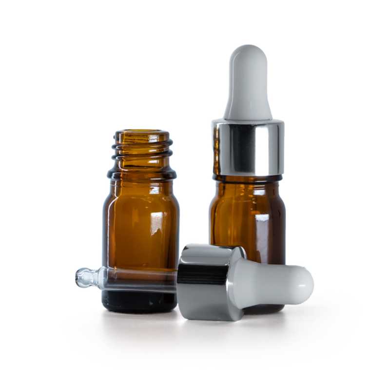 Botella de vidrio, ámbar, gotero plateado brillante, 5 ml