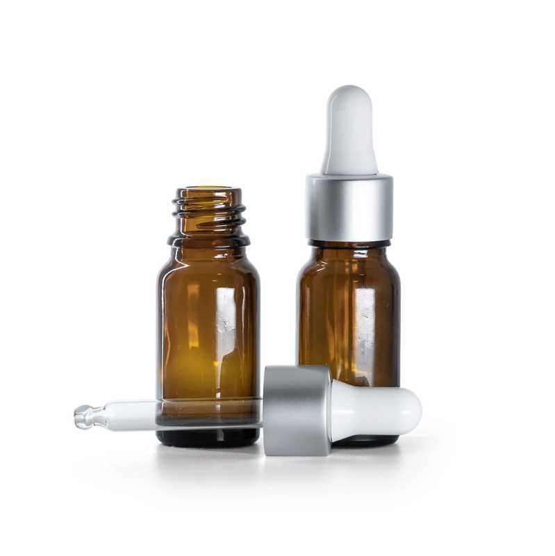 Frasco de vidrio ámbar, cuentagotas blanco plateado mate, 10 ml