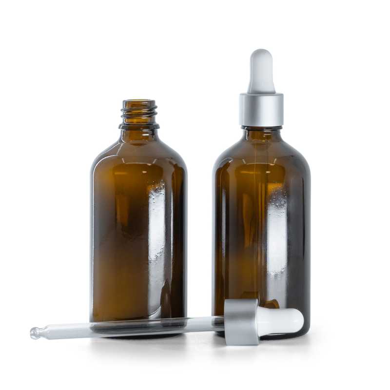 Frasco cuentagotas de vidrio ámbar, cuentagotas plateado mate, 100 ml