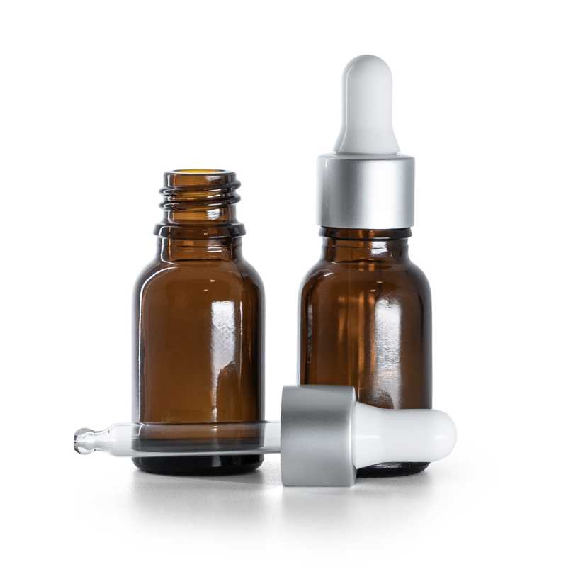 Botella de vidrio ámbar, cuentagotas mate plata blanco, 15 ml