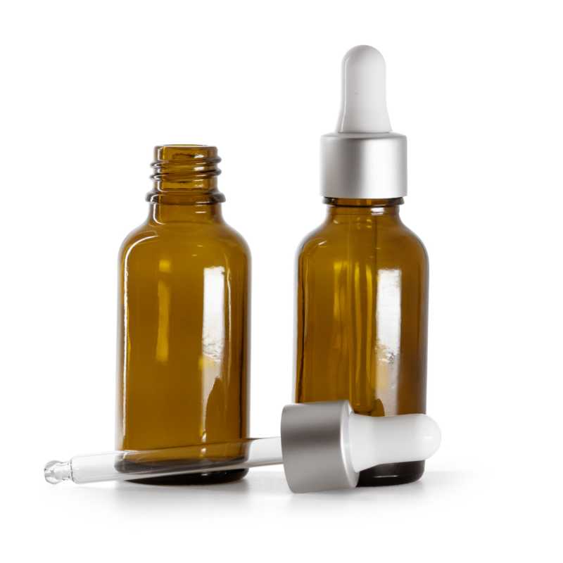 Botella de vidrio ámbar, cuentagotas blanco plata mate, 30 ml