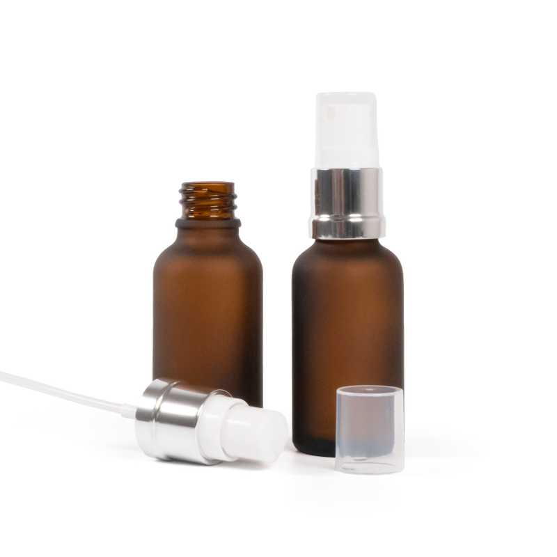 Botella de vidrio, ámbar, mate, pulverizador, blanco plateado, 30 ml