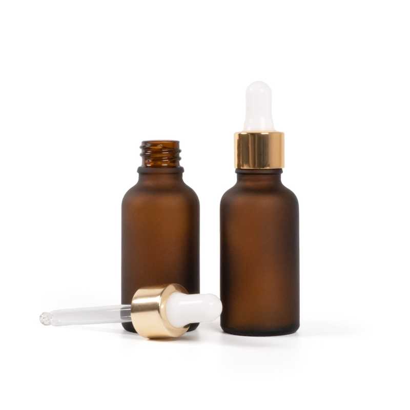 Frasco de vidrio ámbar mate, cuentagotas blanco dorado, 30 ml