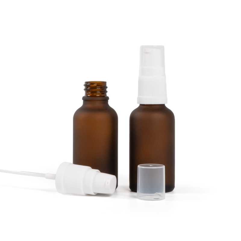 Botella de vidrio ámbar mate, dispensador blanco, 30 ml
