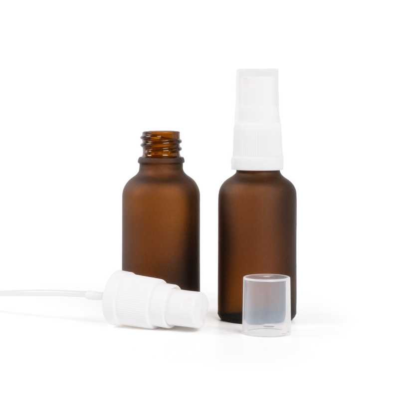 Botella de vidrio, ámbar mate, pulverizador blanco, 30 ml