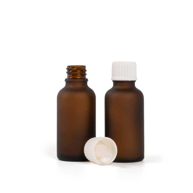 Frasco de vidrio ámbar mate, tapón blanco con cuentagotas, 30 ml
