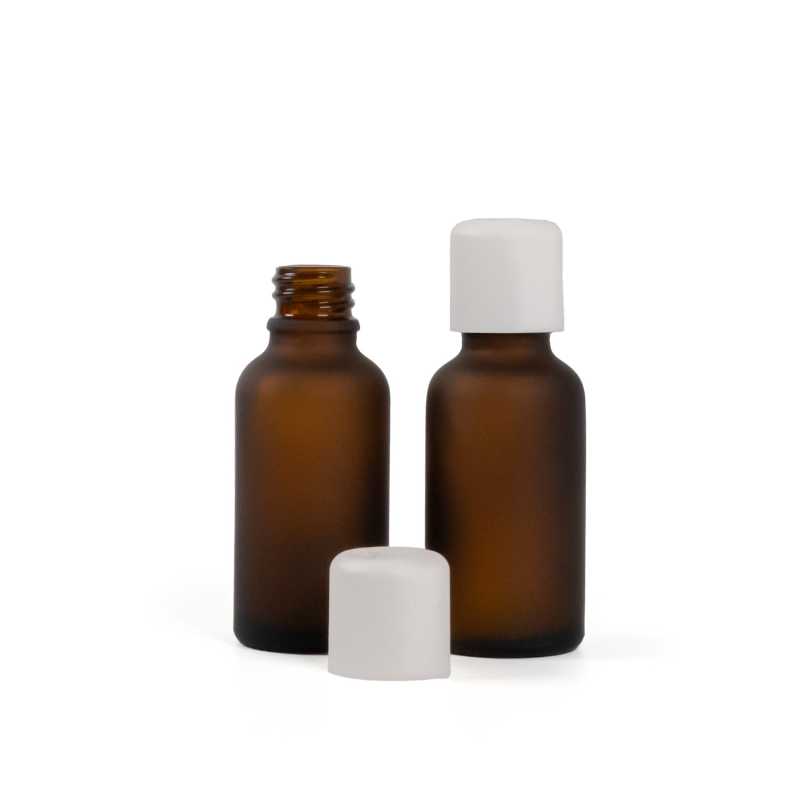 Botella de vidrio, mate, tapón de seguridad blanco con cuentagotas, 30 ml