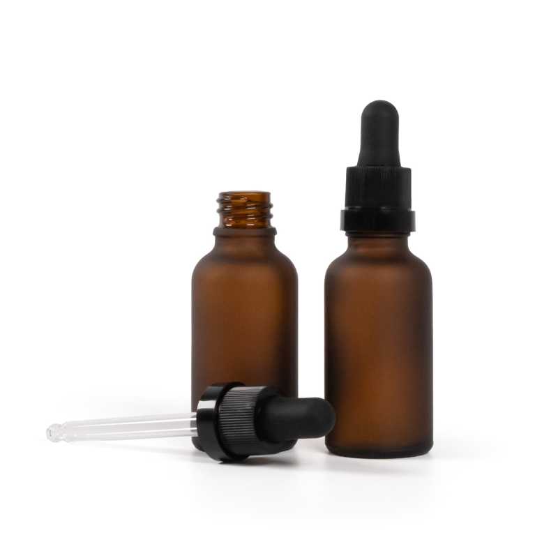 Frasco de vidrio, ámbar mate, cuentagotas negro mate con anillo brillante, 30 ml