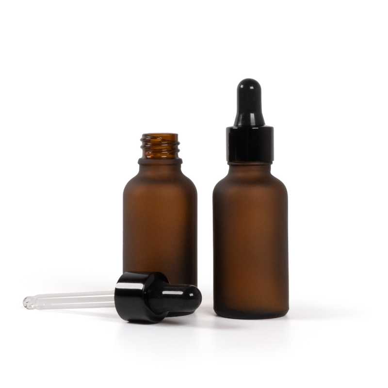 Botella de vidrio ámbar mate, cuentagotas negro brillante, 30 ml